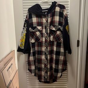 Free People oversized buttondown flannel hooded shacket with graphic art sleeves